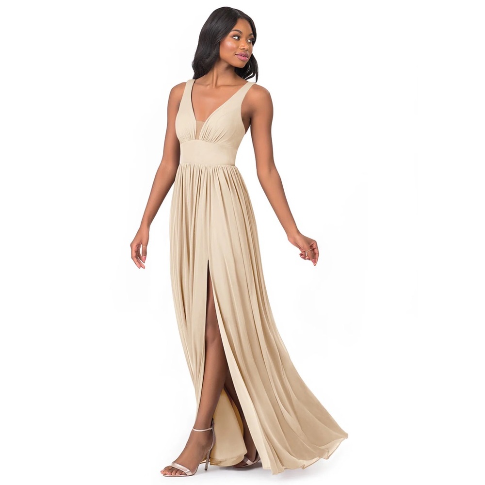 Azazie Beige V-Neck Pleated Chiffon Bridesmaid Dress NWT